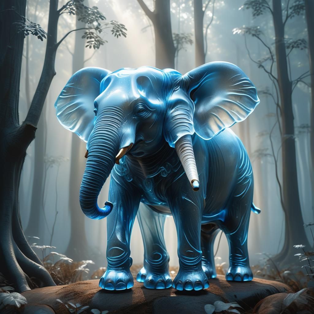 Blue Glass Elephant Sculpture in Mystical Forest