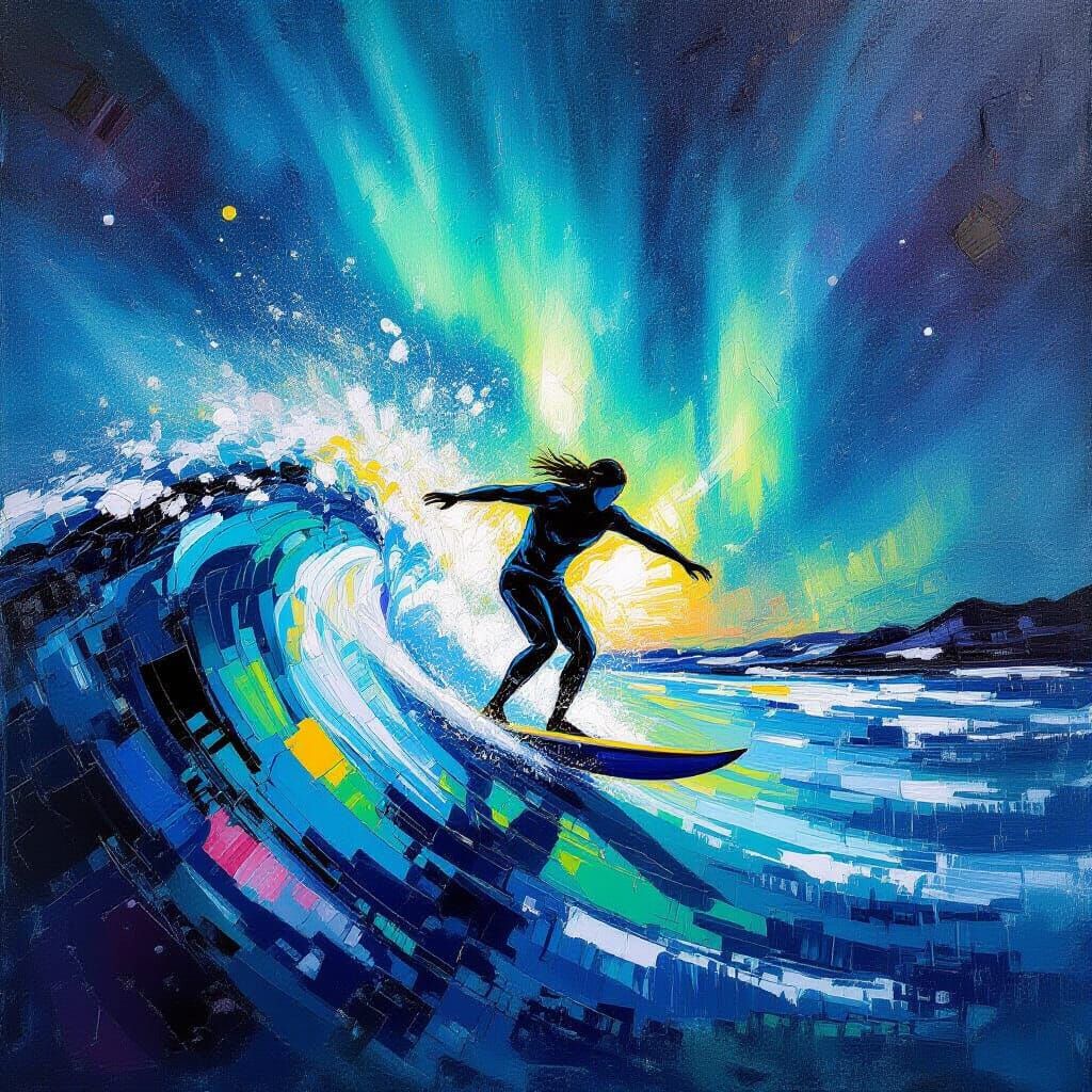 Surfing Aurora: Abstract Expressionist Energy Wave
