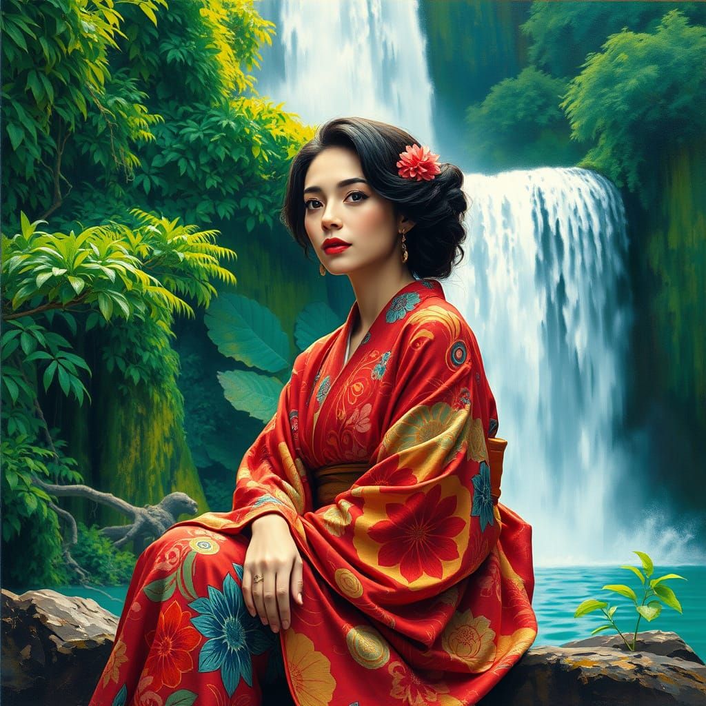 Elegant Woman by Majestic Waterfall in Impasto Gouache Style