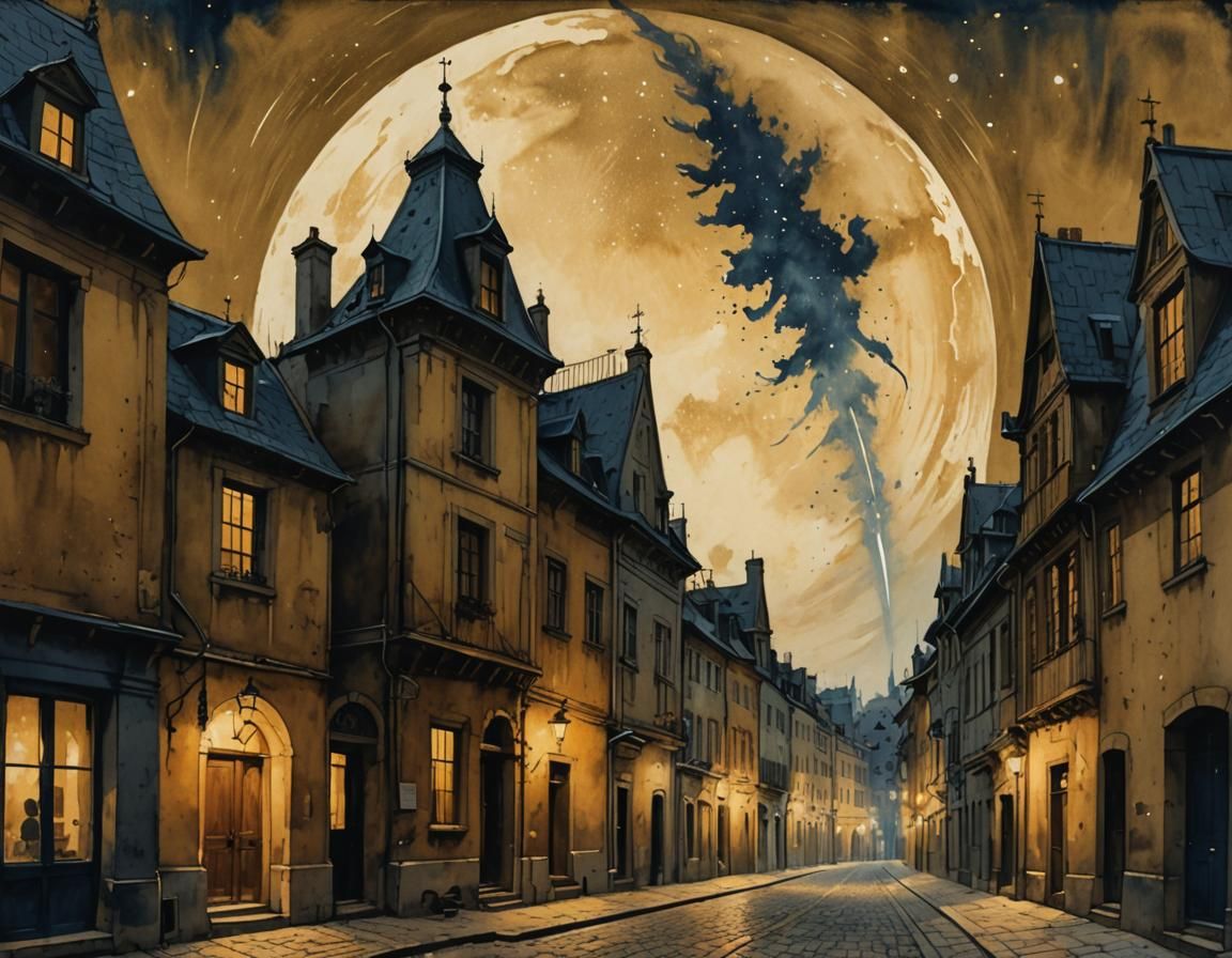 A Comet's Fiery Path Across Historic Cityspaced in Soft Gold...