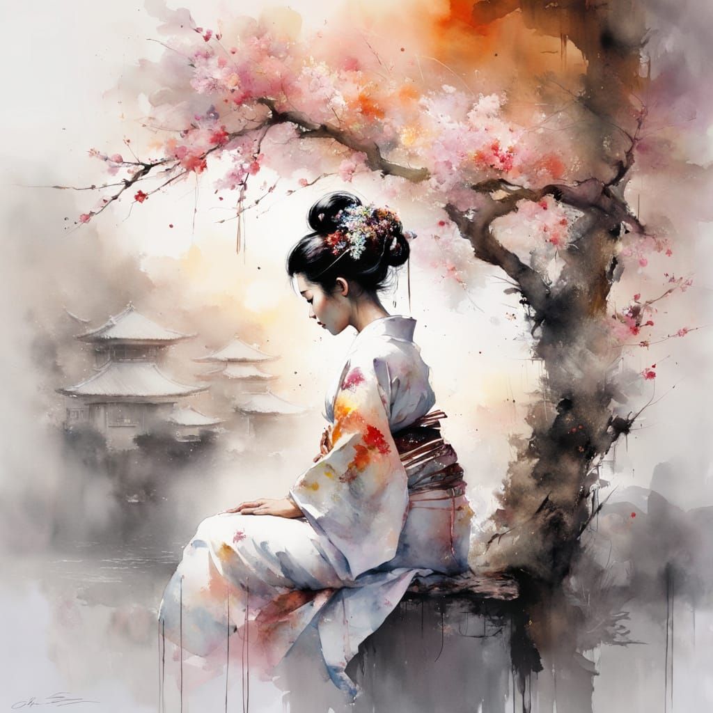 Meditating Geisha Under Sunset Blossom Tree