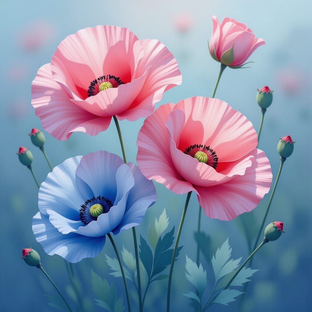Pink and Blue Watercolour Poppies in Art Nouveau Style