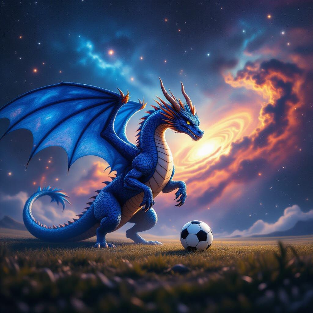 Blue Dragon Plays Soccer in Cosmic Nebula