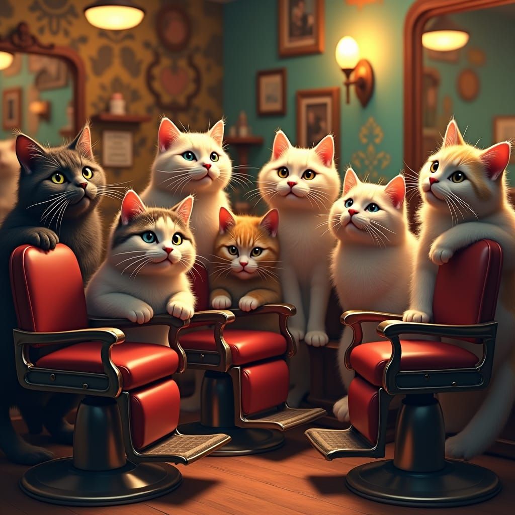 Cats Gather in Vintage Barbershop, Hyperrealistic Style