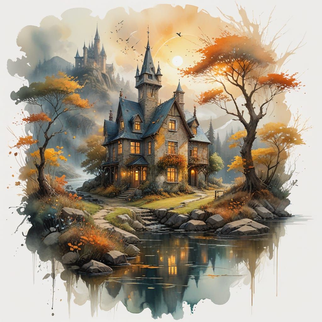 Whimsical Autumn Cottage Scene at Sunset with Majestic Castl...