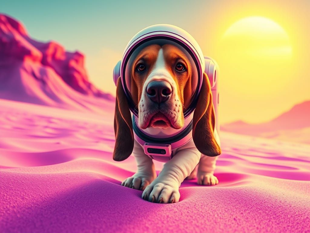 Basset Hound Astronaut Explores Vibrant Alien World