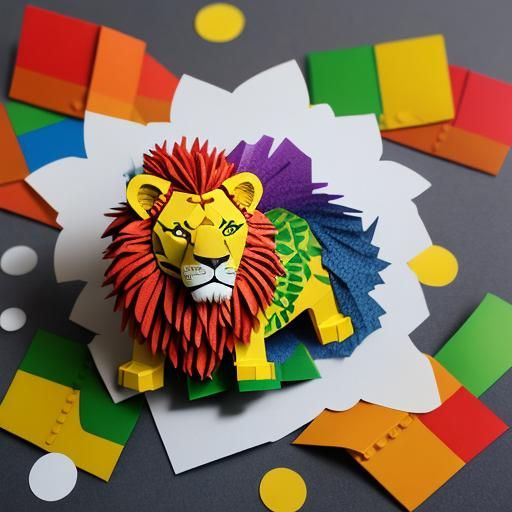 Lego Lion in Colorful Eclipse: Woodprint Style