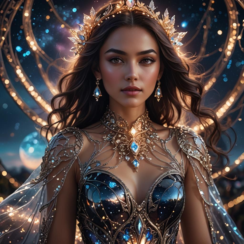 Woman in Glass Dress Against Night Sky: Fantasy Art