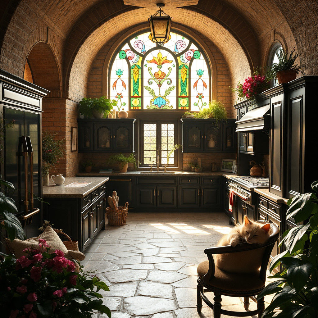Elegant Italian Kitchen with Stained Glass Window