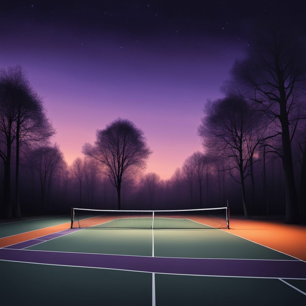 Tennis Court in Twilight, Surrounded by Dark Trees