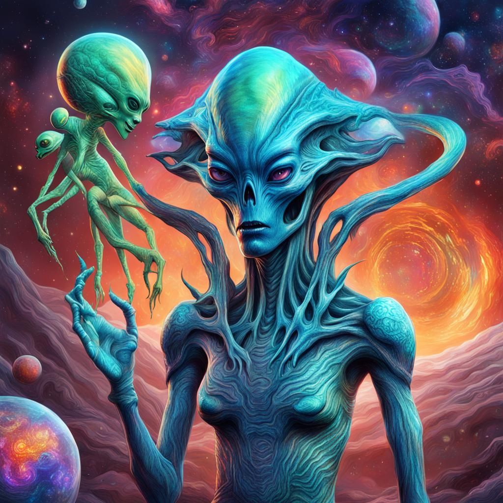 Alien Woman Plays with Monster: Cosmic Holographic Art