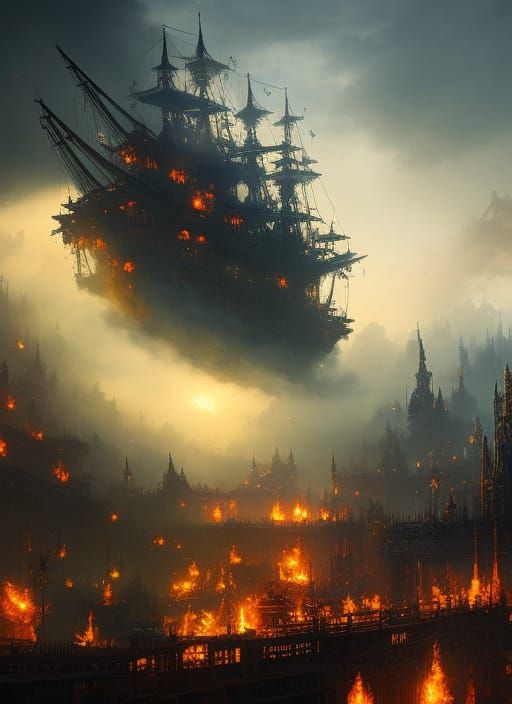 Pirate Airship Over Burning City: Digital Painting