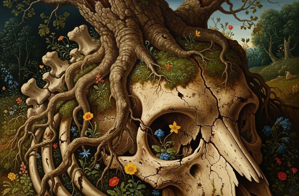 Gnarled Oak Tree Growing From Ancient Skull