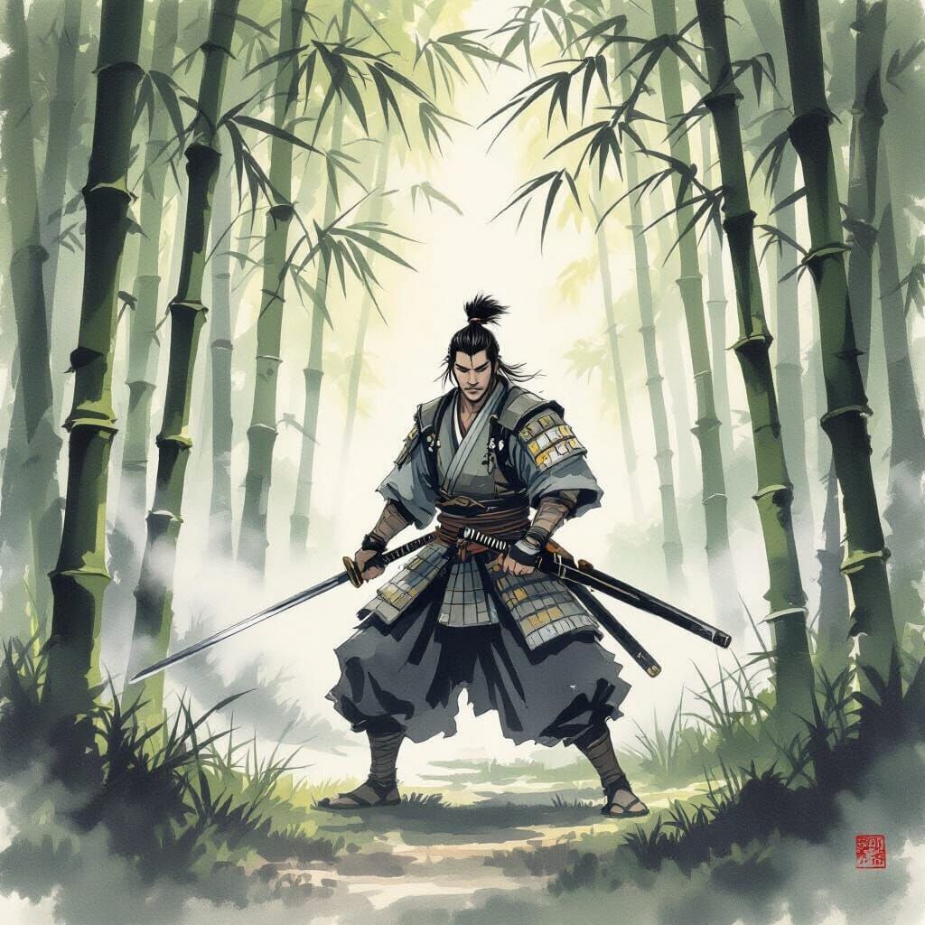 Samurai Warrior in Bamboo Forest, Ink Wash Painting