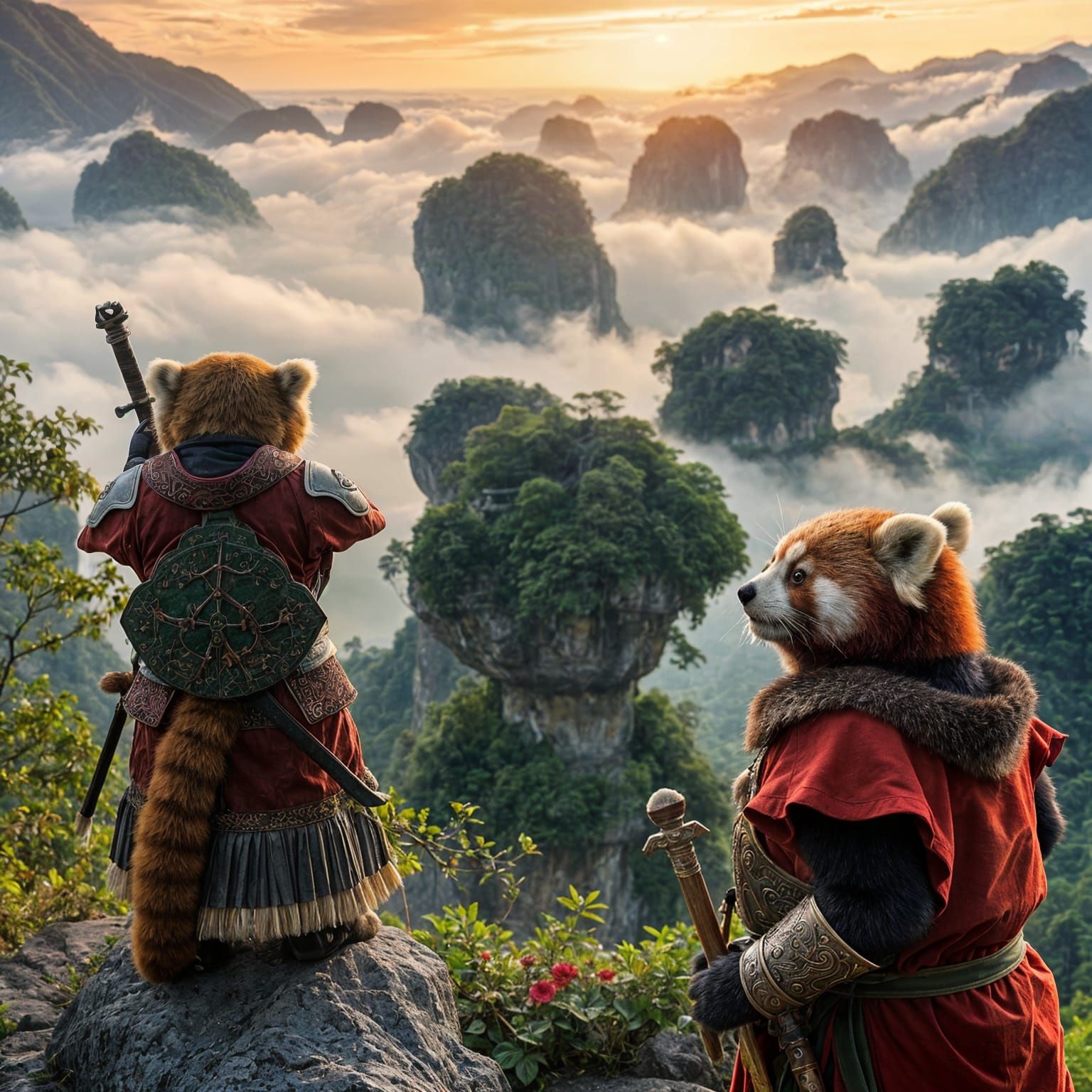 Red Panda Warriors on Floating Islands in Evening Mist