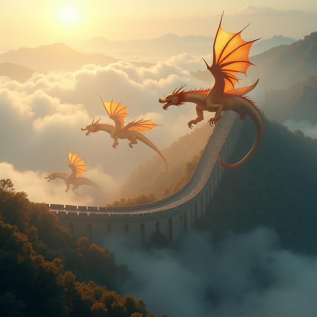 Golden Dragons Soaring Above the Great Wall