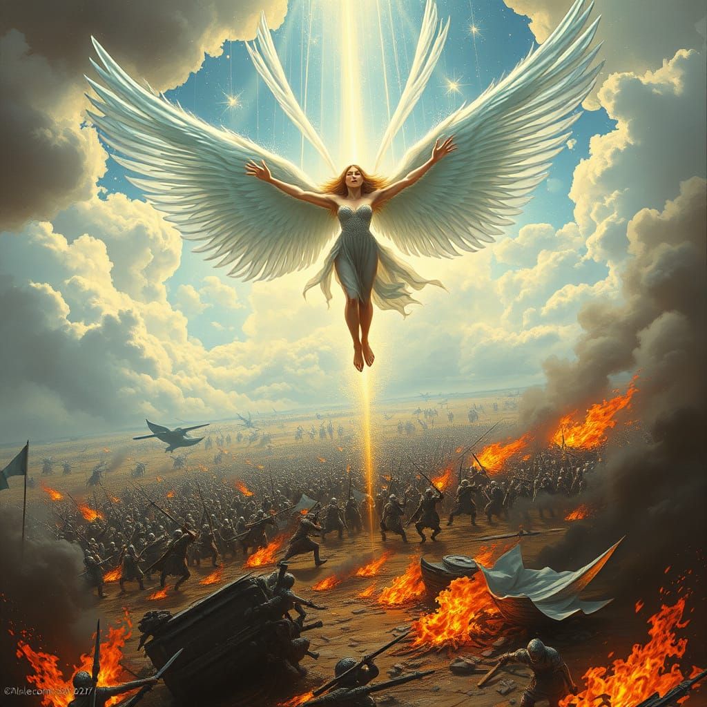 Valkyrie Fairy Descending on Battlefield, Epic Fantasy Art