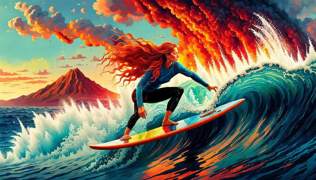 Vibrant Hippie Surfer Rides a Volcano