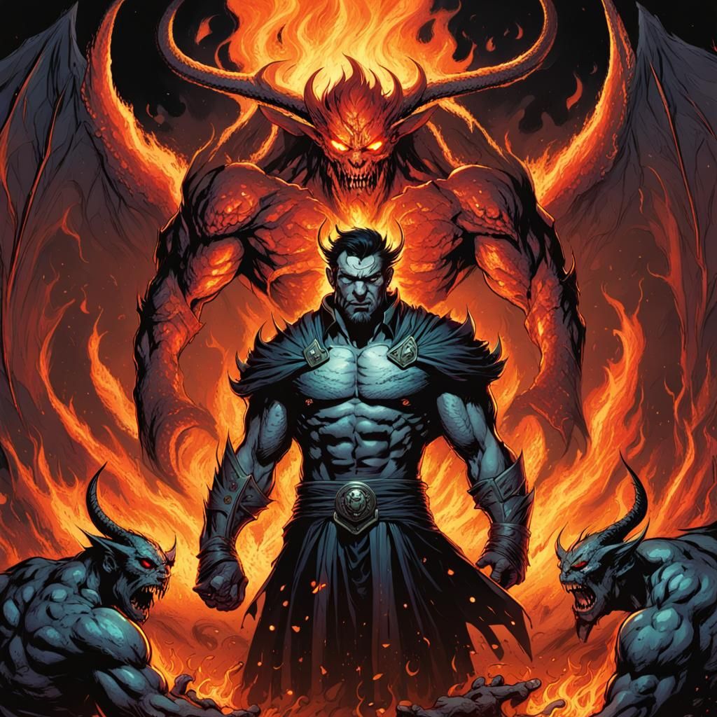 Fiery-Eyed Bodybuilder Confronts Demons: Comic Book Art