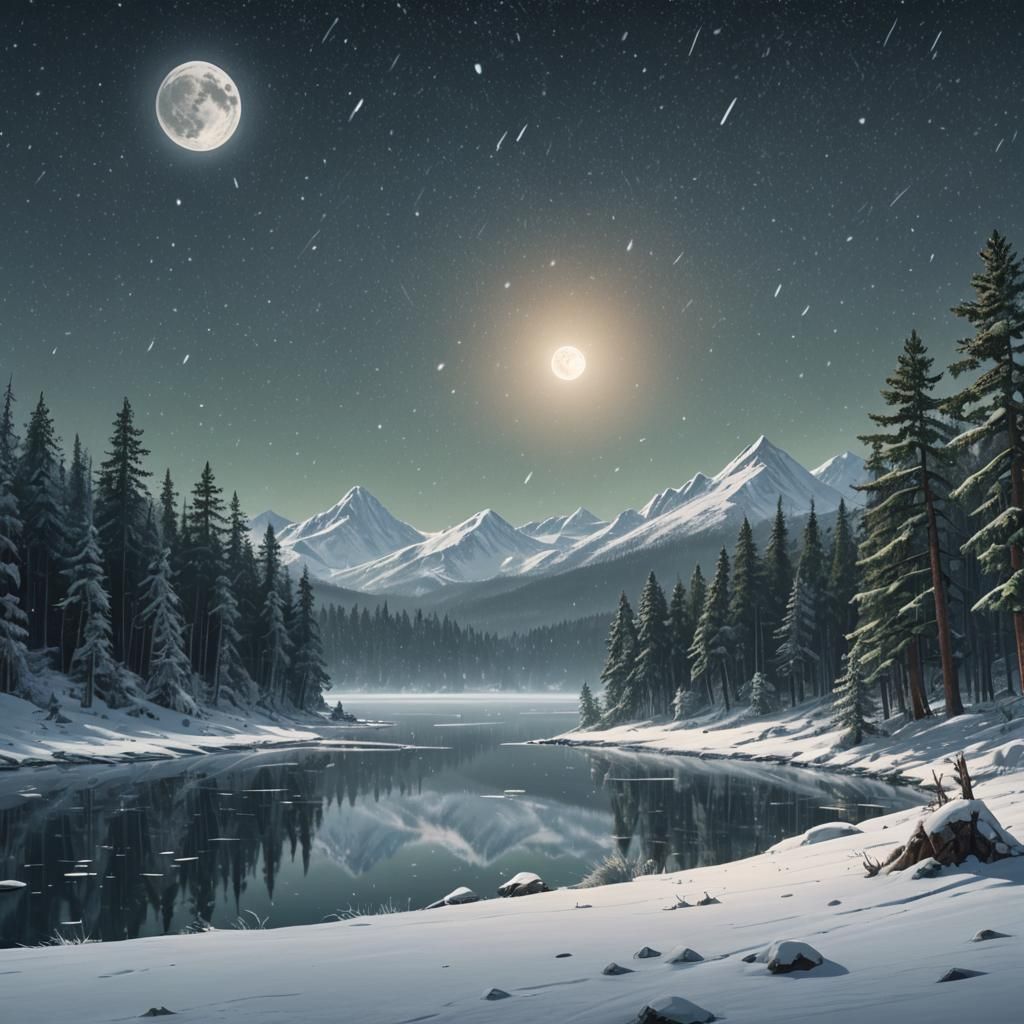 Ethereal Winter Lake Under Starry Sky
