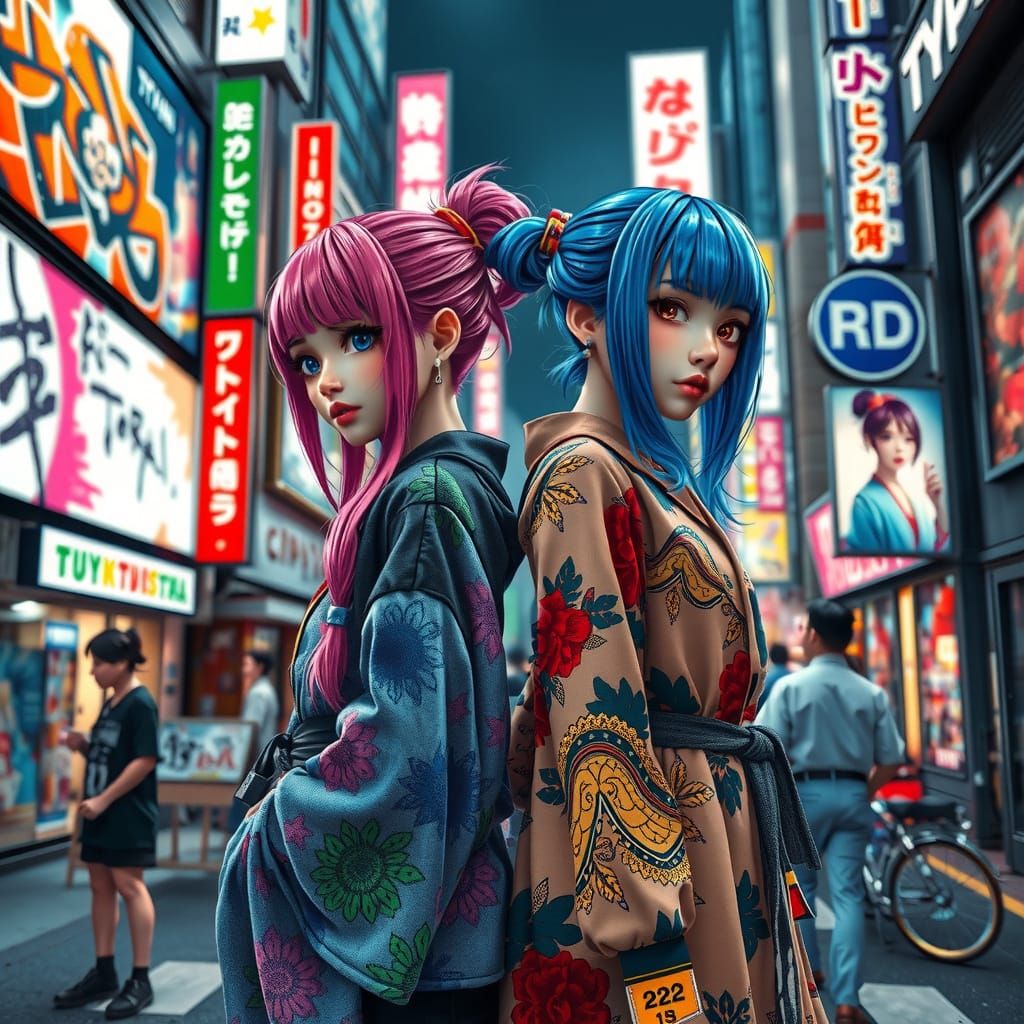 Vibrant Tokyo Street Scene with Two Unique Girls