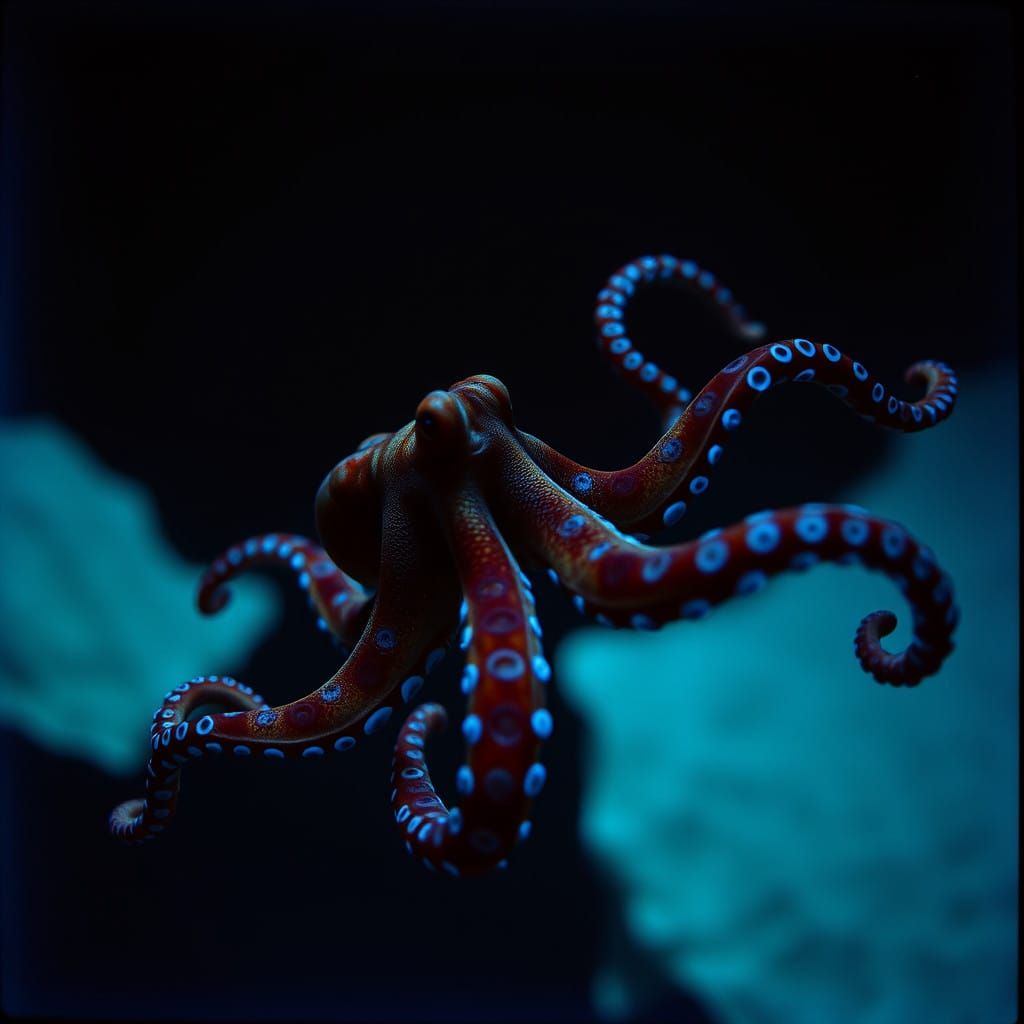 Vibrant Blue Ringed Octopus in Dramatic Underwater Depths