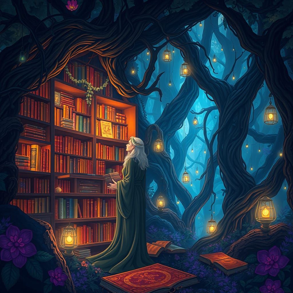 Mystical Library in Bioluminescent Forest, Surreal Art