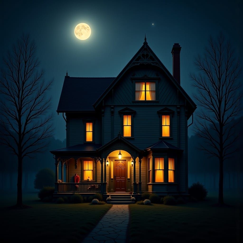 Victorian House Bathed in Moonlight: Dreamlike Dark Fantasy