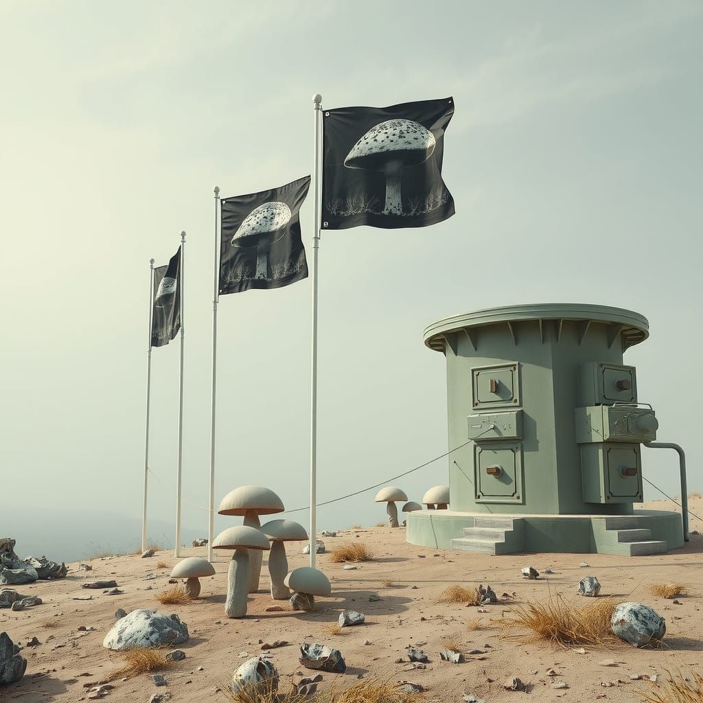 Hyperreal Mushroom Landscape in Daguerreotype Style