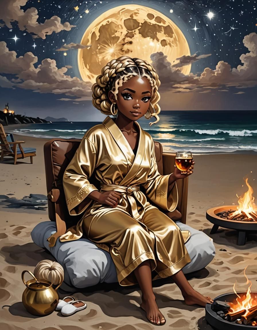 Chibi Woman with Braids Lounging on Beach in Anime Style