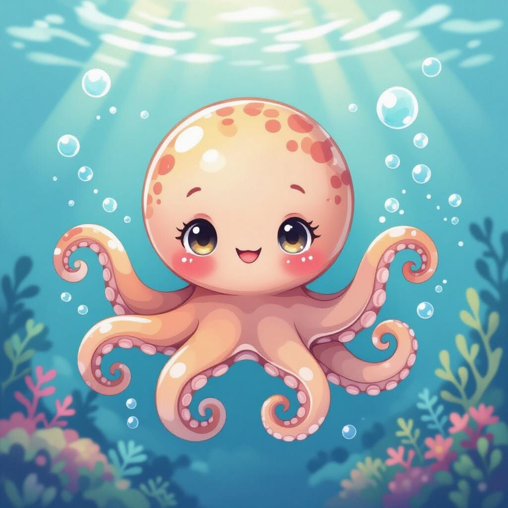 Adorable Kawaii Octopus in Watercolor Style