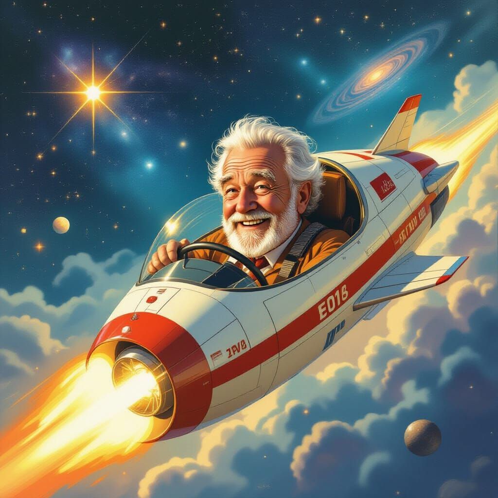 Elderly Pilot Navigating Cosmos in Retro Sci-Fi Style