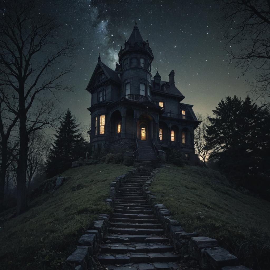 Haunting Victorian Mansion Under Starry Sky