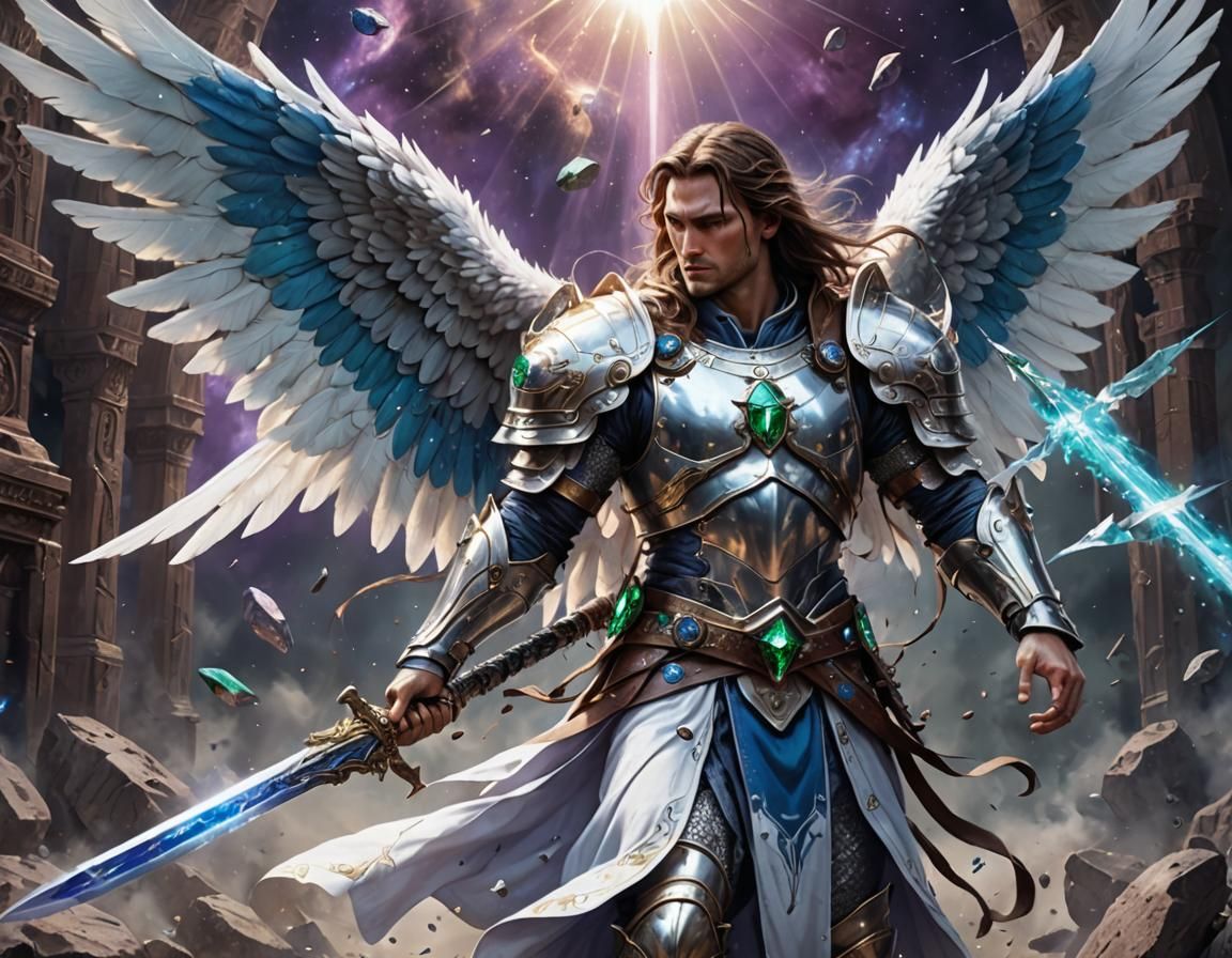 Bleeding Angel with Mechanical Arm in Outer Space