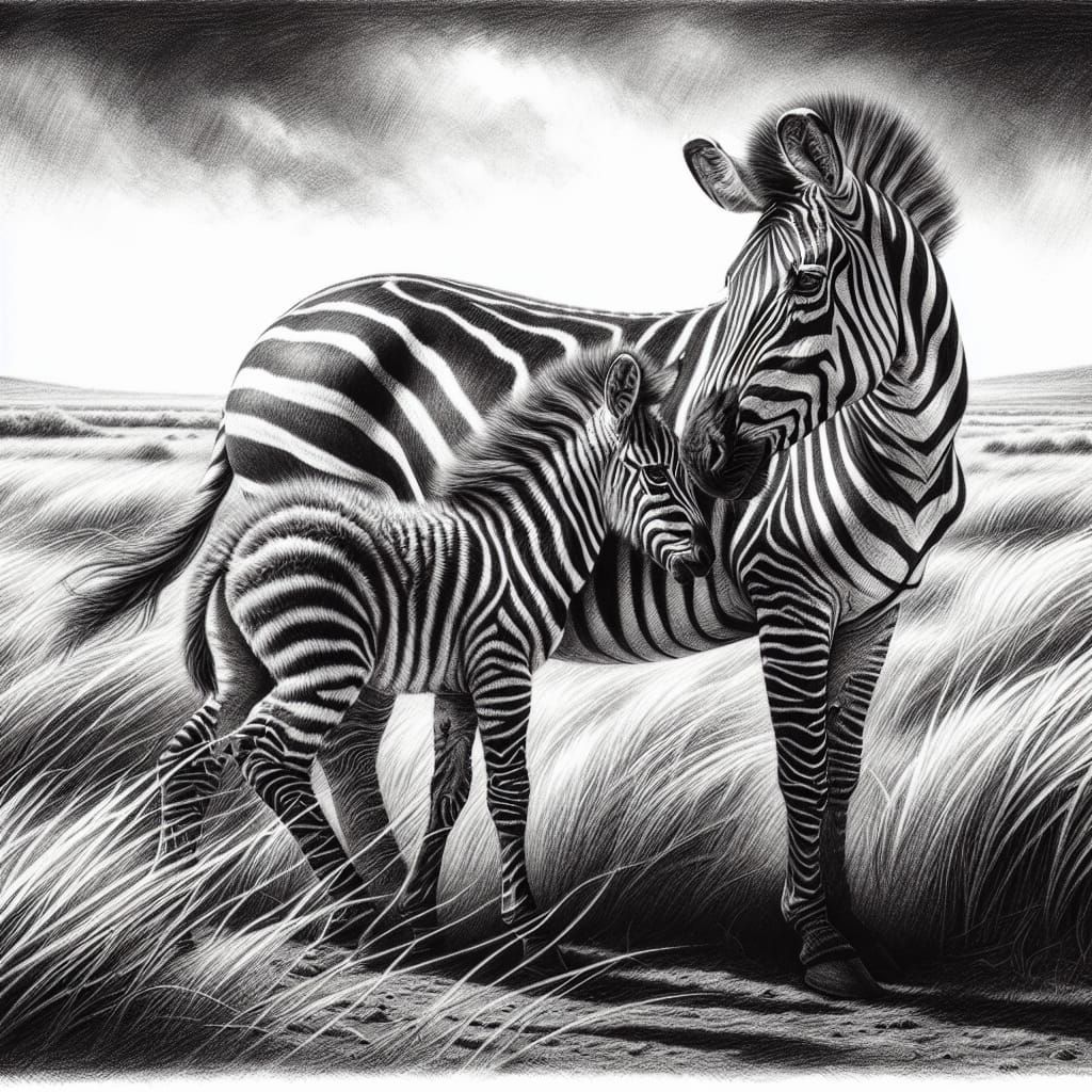 Zebra Mother and Foal in Charcoal