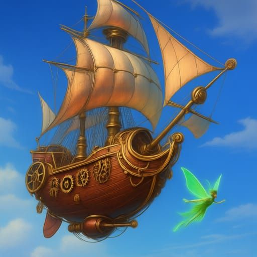 Steampunk Airship Pursues Luminous Fairy in Fantastical Conc...
