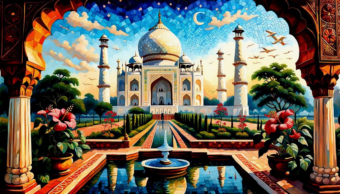 Majestic Taj Mahal Mosaic Oil Painting