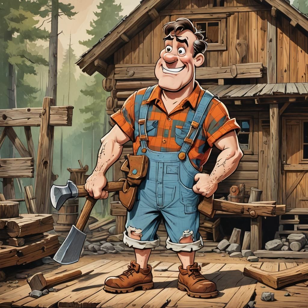 Proud Fred Flintstone Wields Axe, Surrounded by Vintage Lumb...