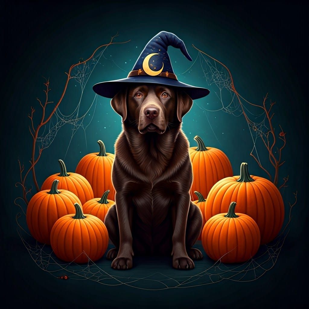 Chocolate Lab Witch in Halloween Pumpkin Patch