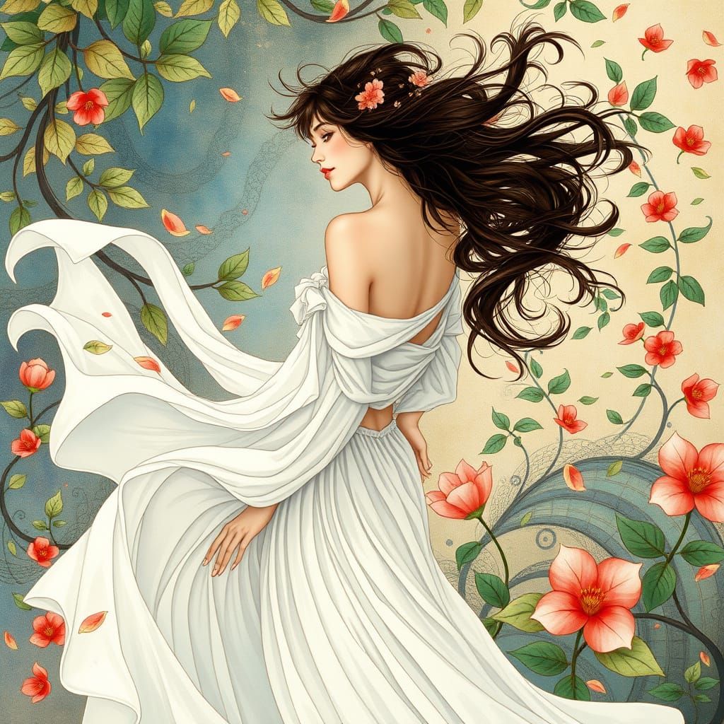 Elegant Woman in Flowing Dress, Art Nouveau Style