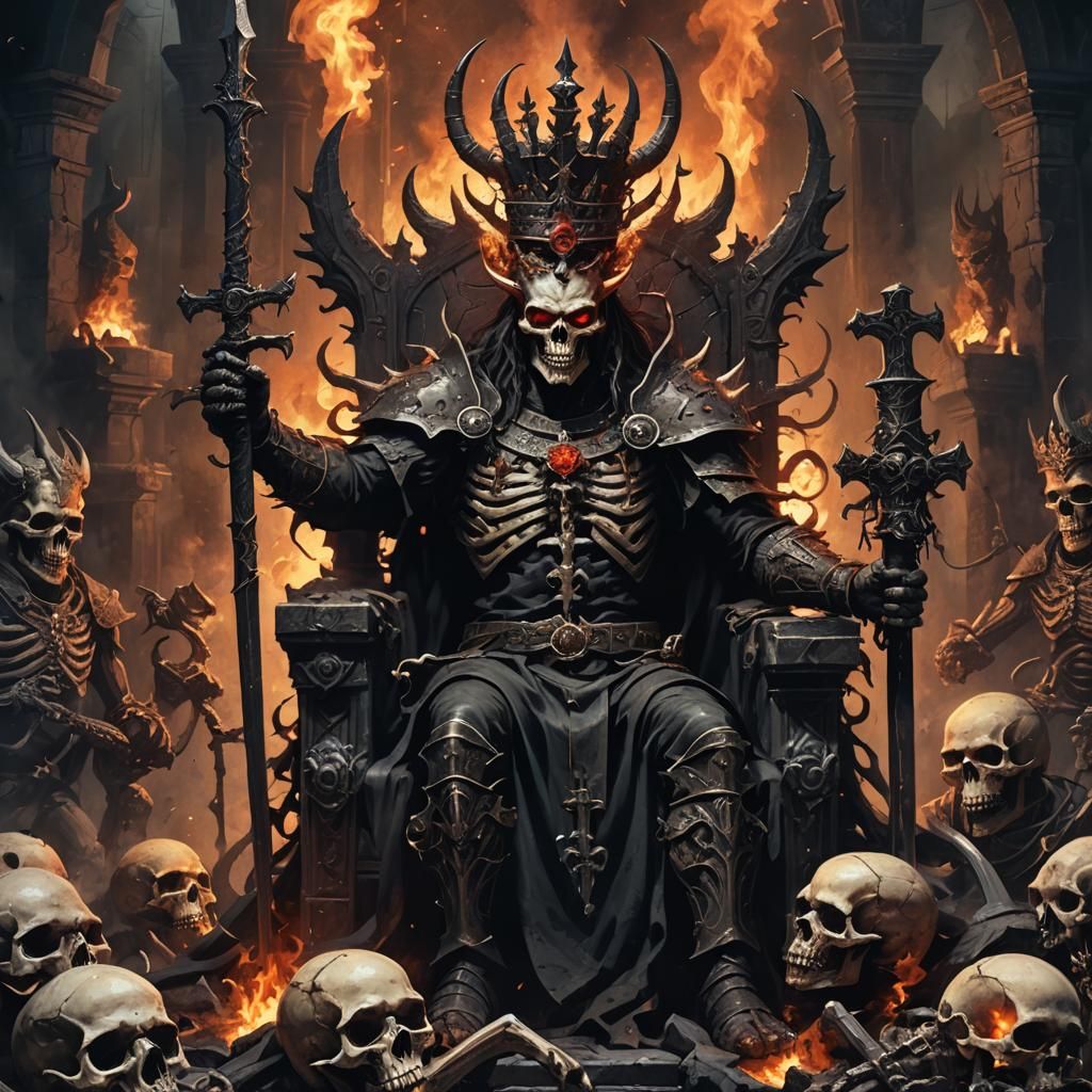 Demon King on Skull Throne in Dark Fantasy Style