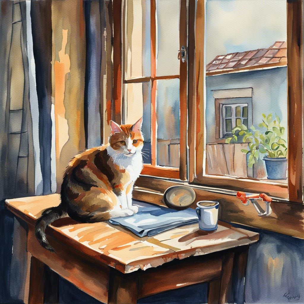 Rustic Window with Cat in Watercolor Style