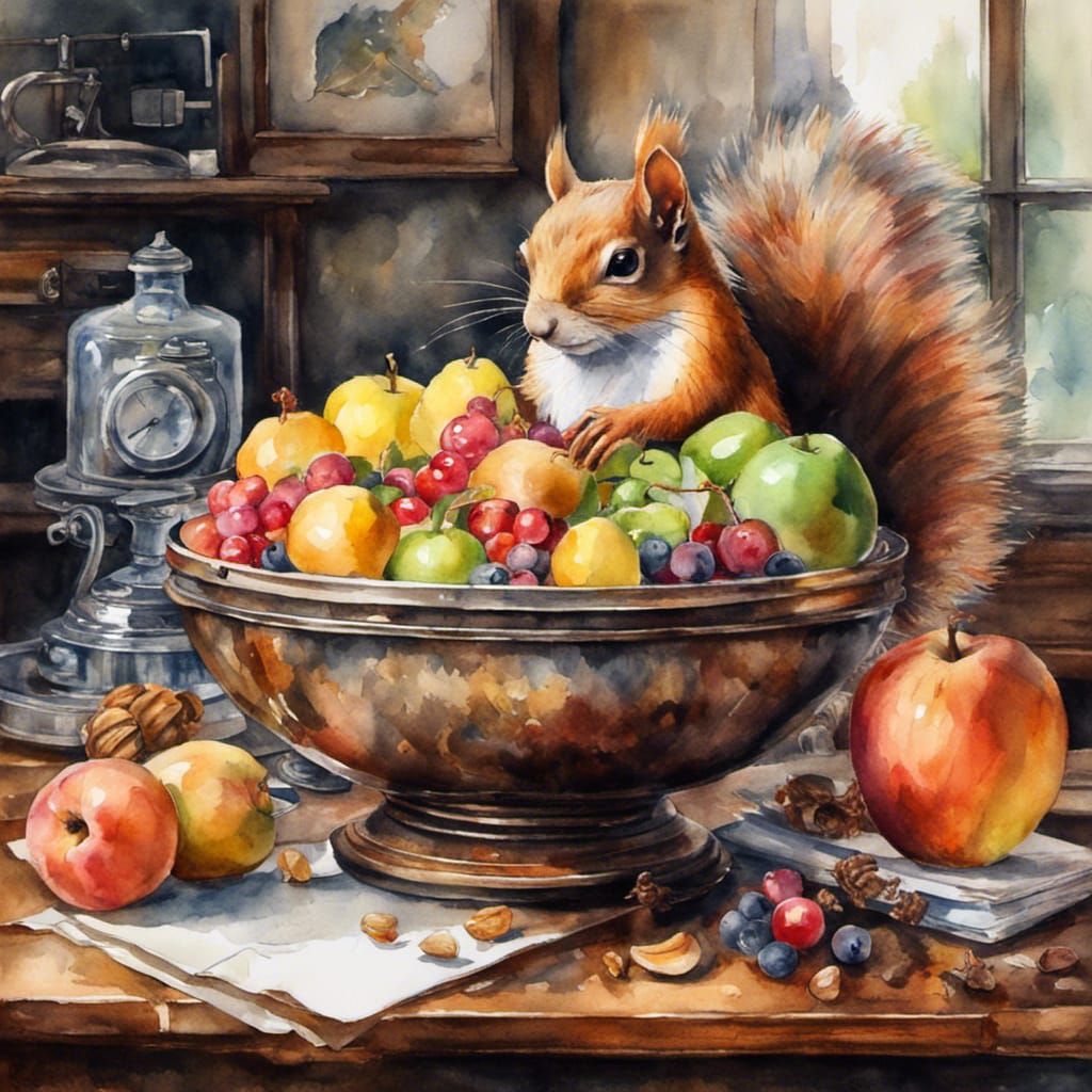 Steampunk Fruit Bowl Still Life in Watercolor