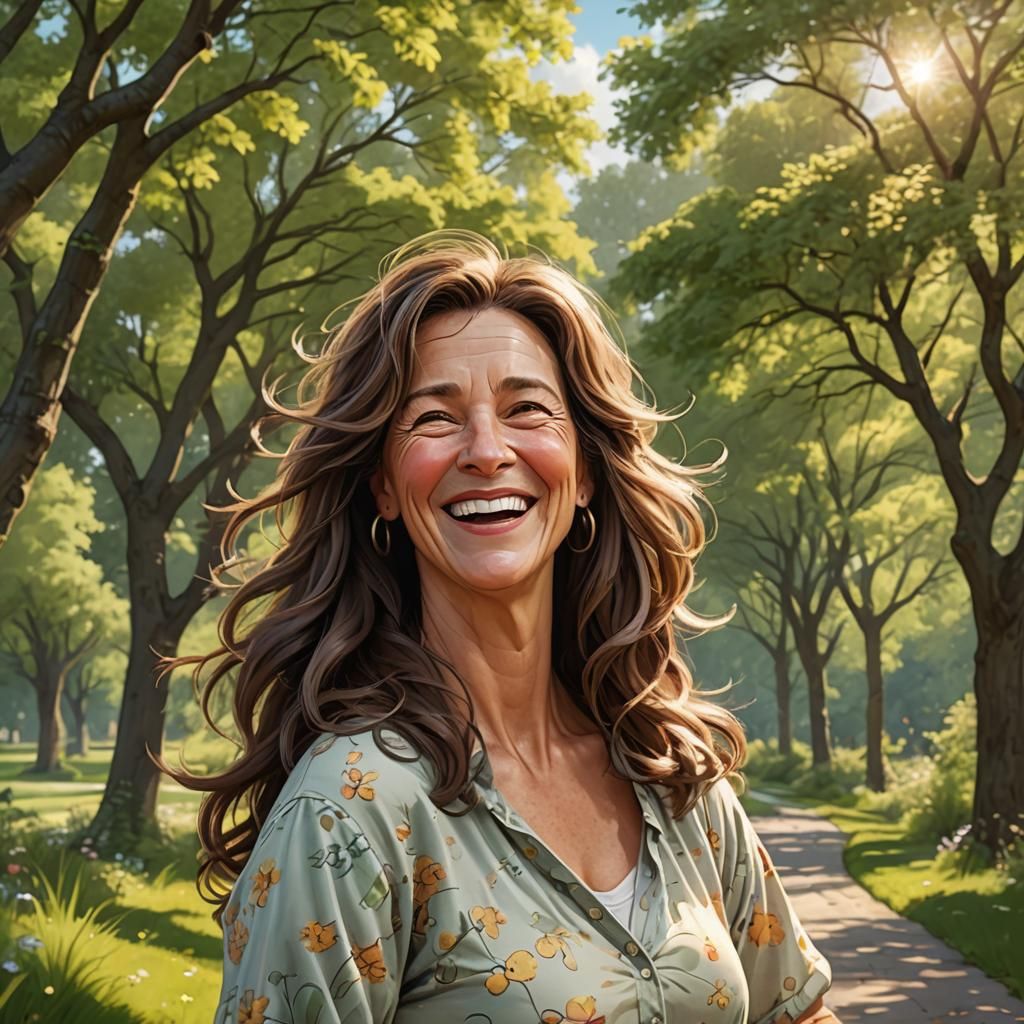 Laughing Brunette in Lush Landscape: CGI Cartoon Portrait