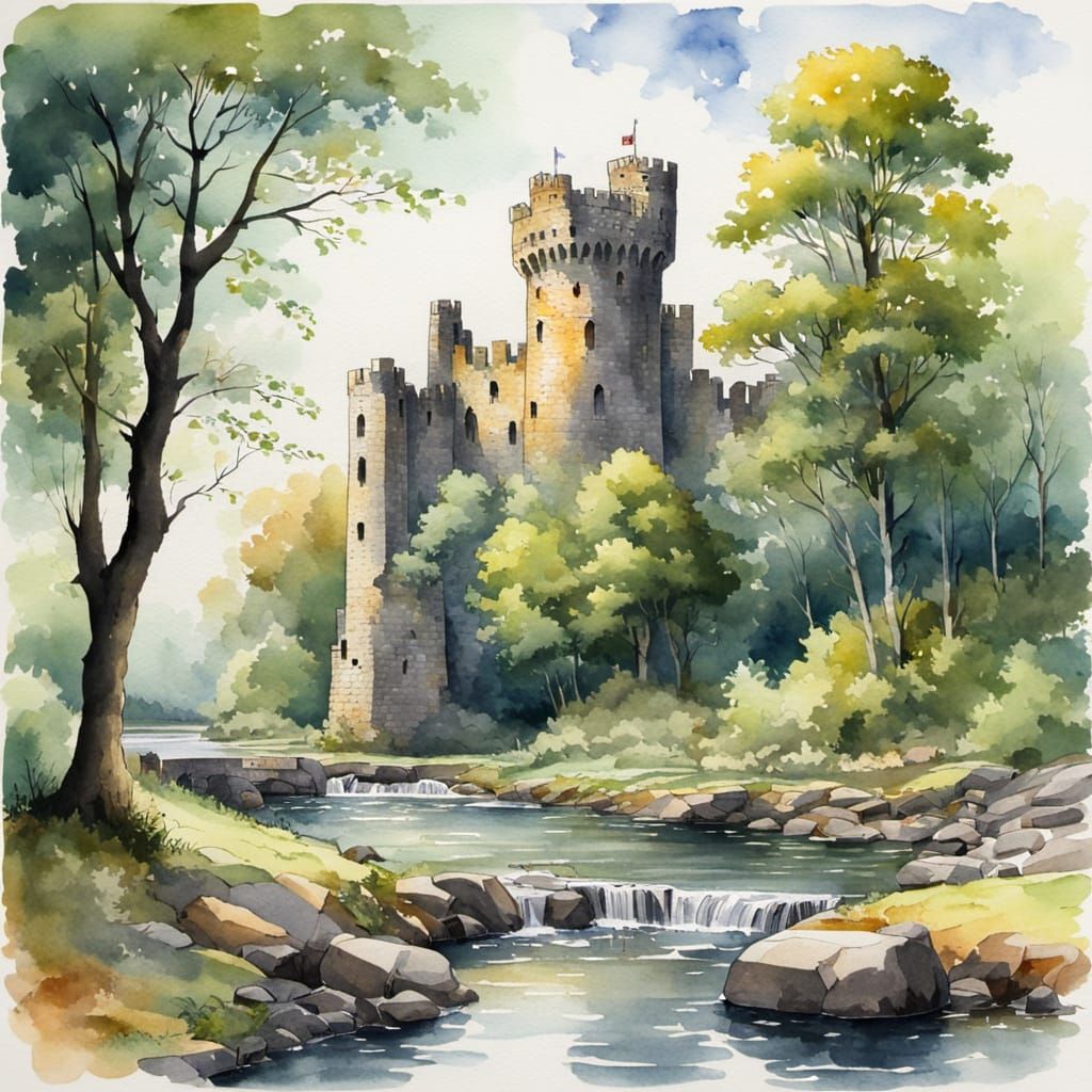 Romantic Watercolour Castle Ruins Alongside a Gentle River