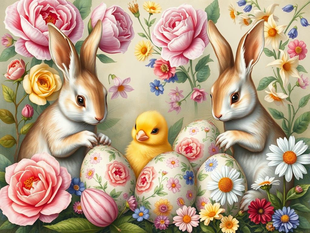 Easter Bunnies Painting Floral Eggs in Renaissance Gouache