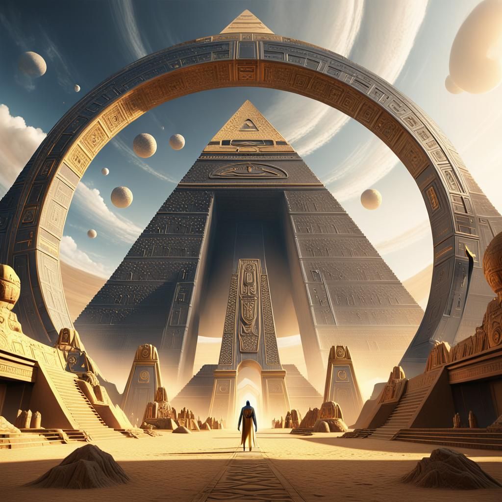 A colossal circular gateway embedded within an ancient Egypt...