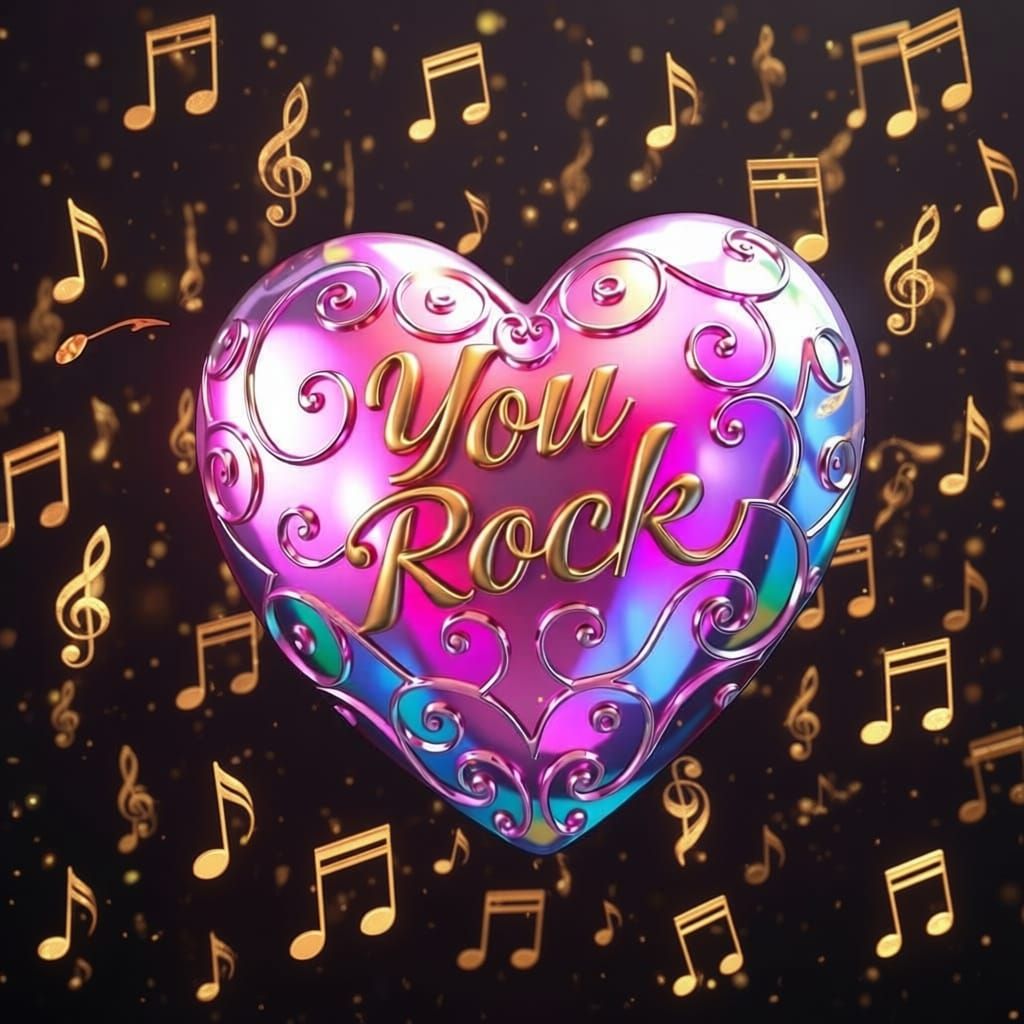 Hyperreal Love Heart with Musical Notes and Arrow in Iridesc...