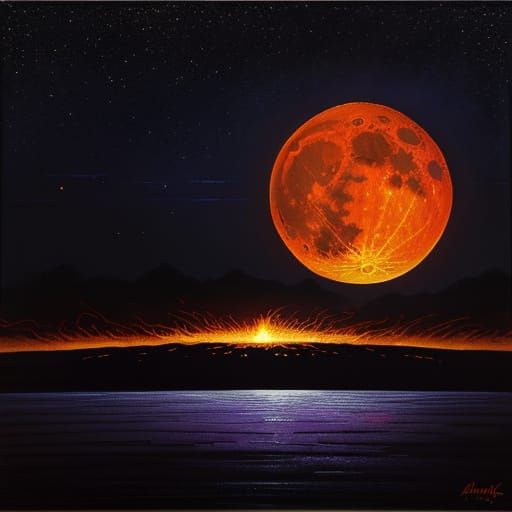 Fiery Red Moon in a Surrealist Oil Painting