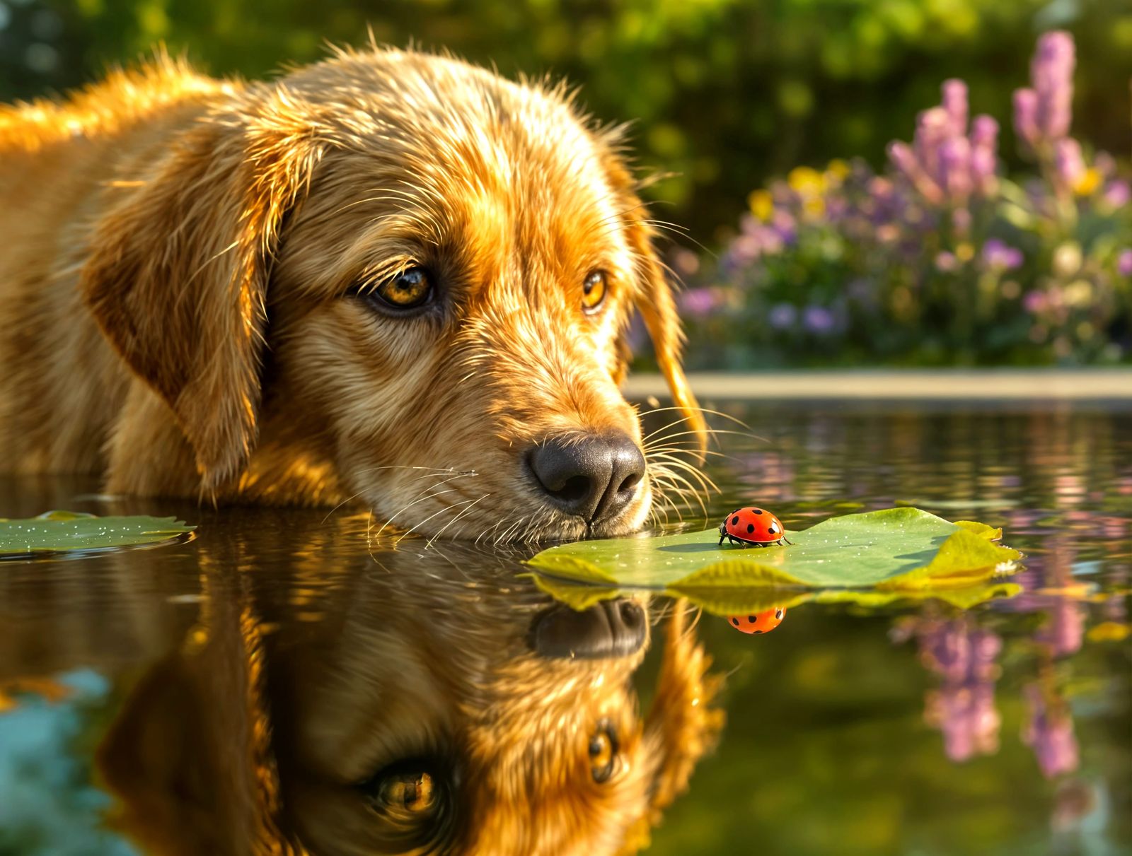Golden Labrador Puppy's Curious Encounter with Ladybug